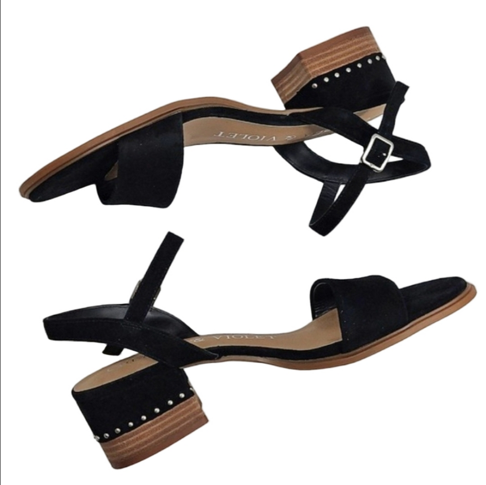 Chelsea & Violet Suede Leather Black Ankle Strap Studded Block Heel Sandal